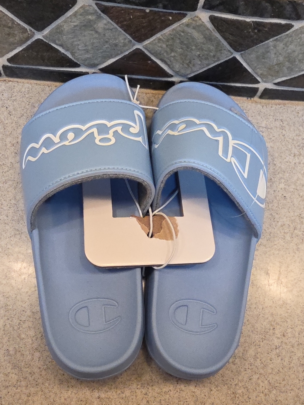 Champion Light Blue Kids Slide Sandals with White Logo